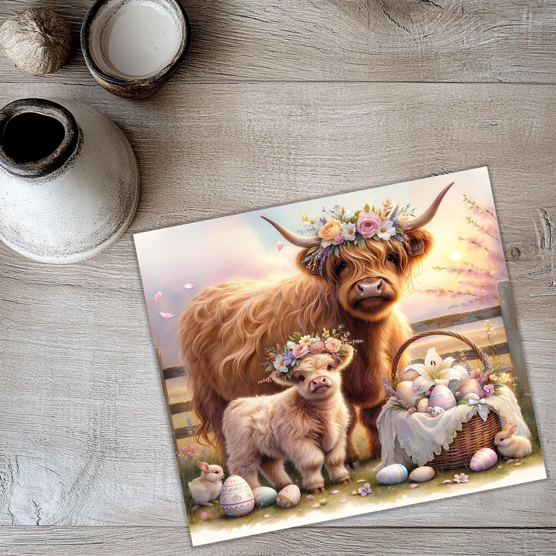 a painting of a cow and her calf with a basket of eggs