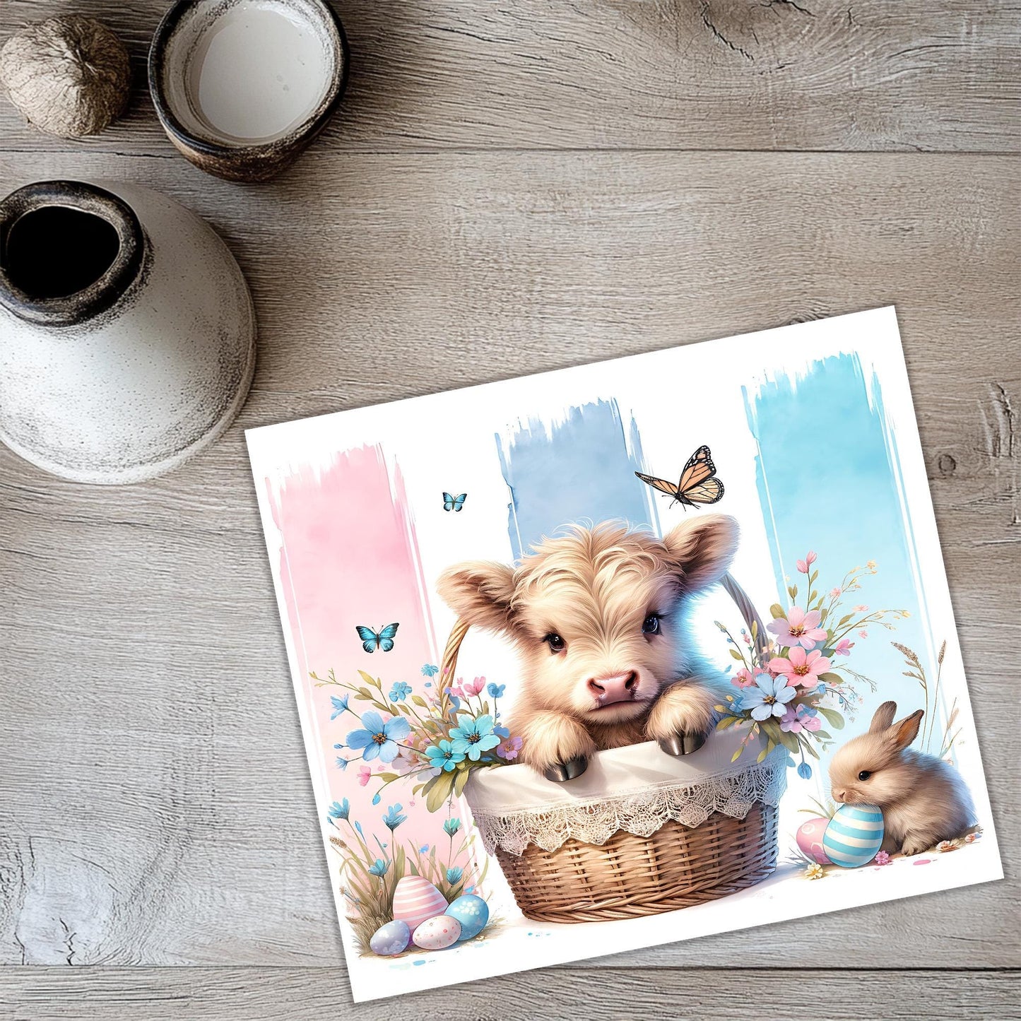 a card with a picture of a dog in a basket