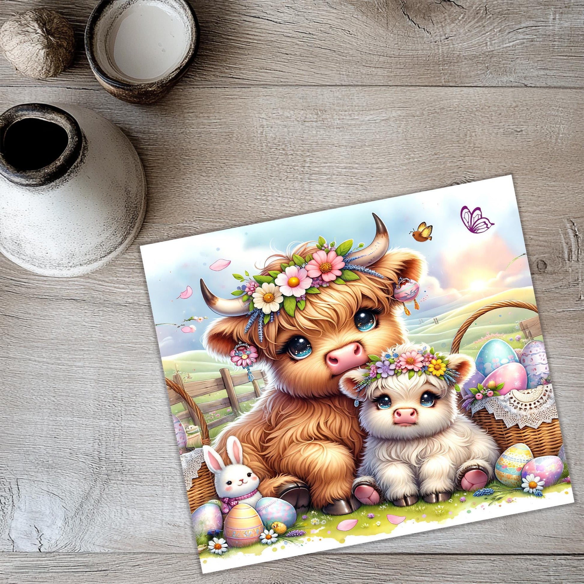 a card with a picture of a cow and her baby