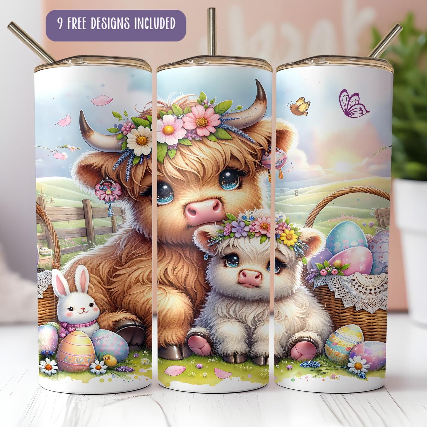 a picture of a cow and a baby cow with flowers in their hair