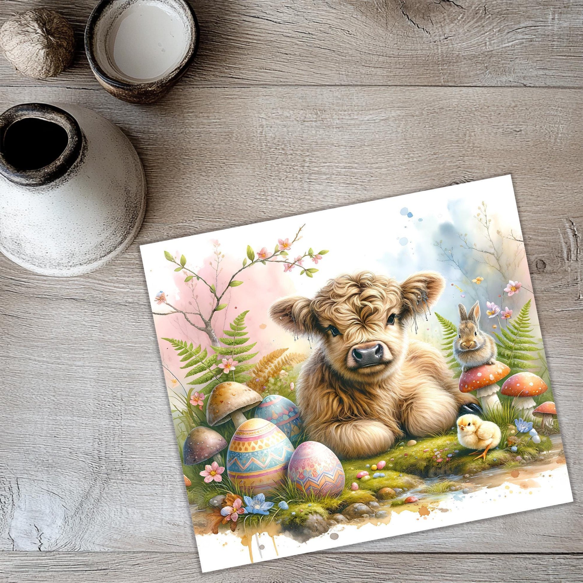 a painting of a dog surrounded by easter eggs