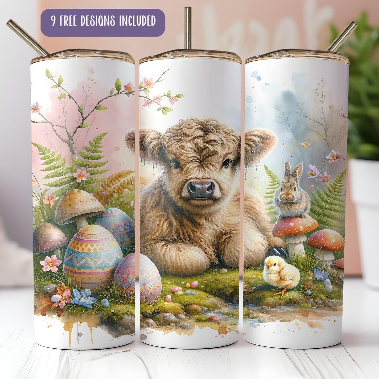 a set of three coffee mugs with a picture of a dog and two rabbits