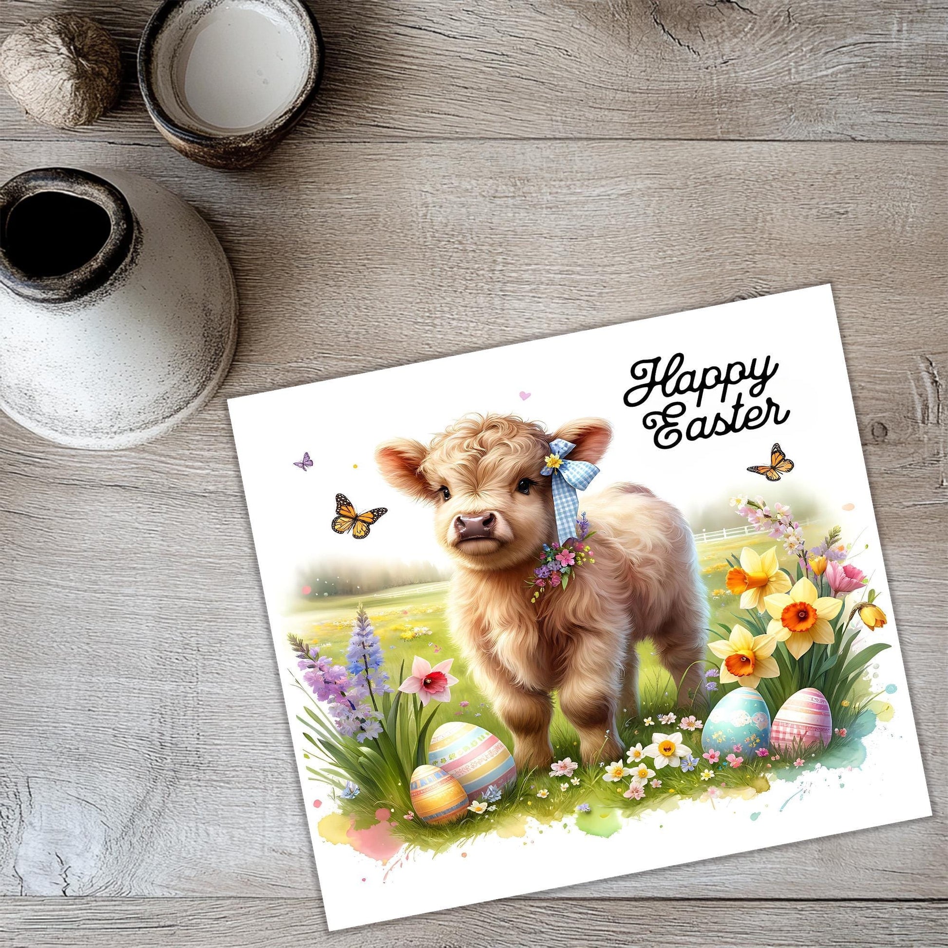 a card with a picture of a baby cow in a field of flowers