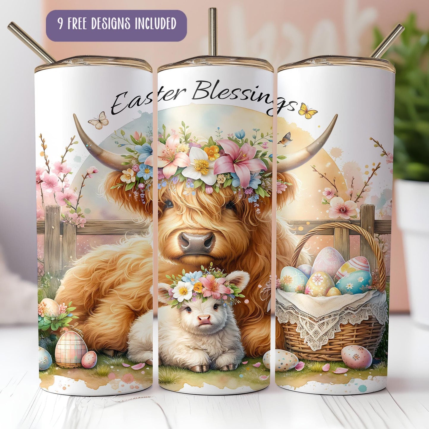 a set of three coffee mugs with a picture of a cow and a lamb