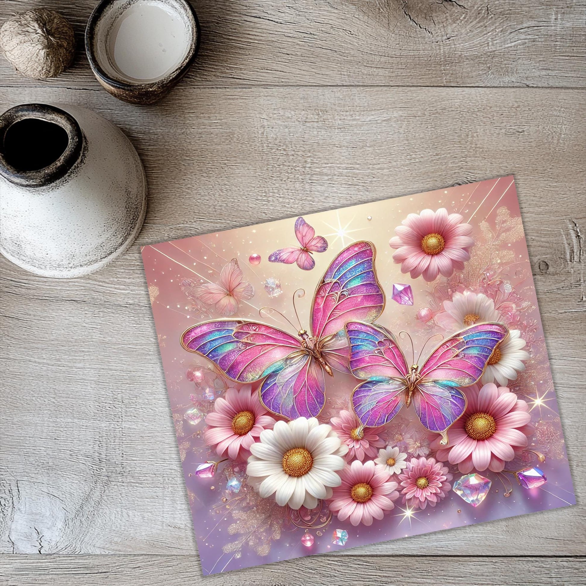 a picture of a butterfly with flowers on a table