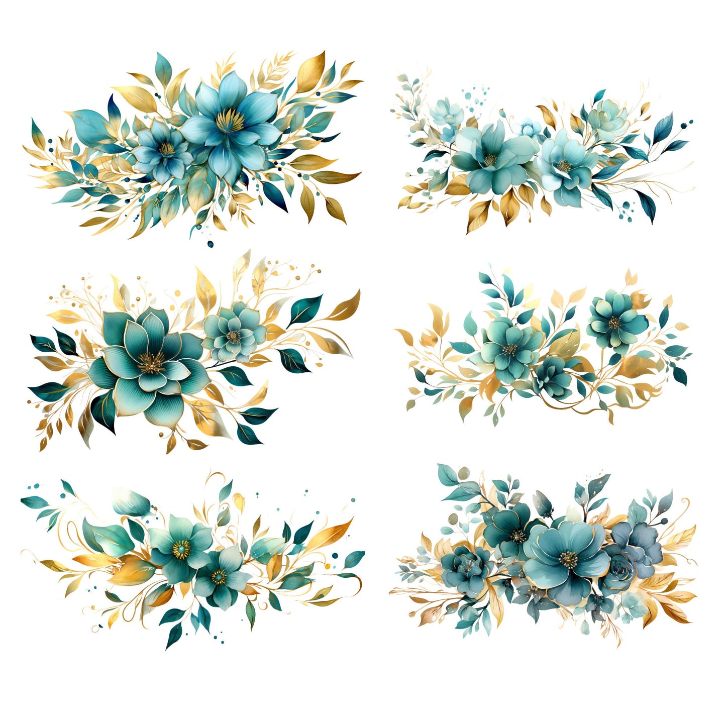 Watercolor Teal & Gold Floral Clipart