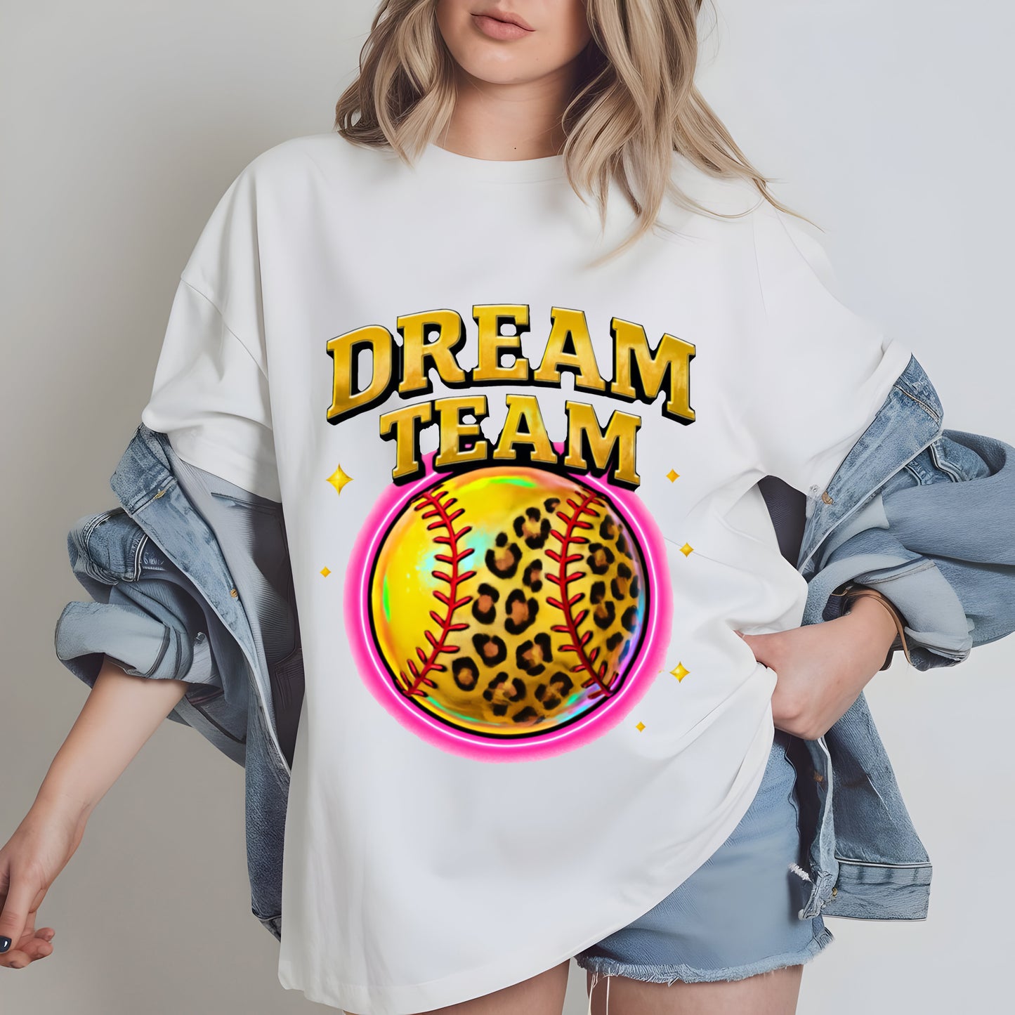 a woman wearing a white t - shirt with a leopard print on it