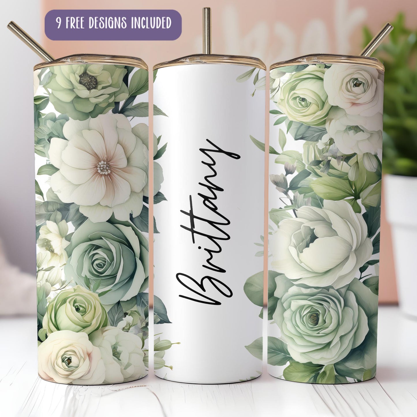 three personalized tumbles with flowers on them