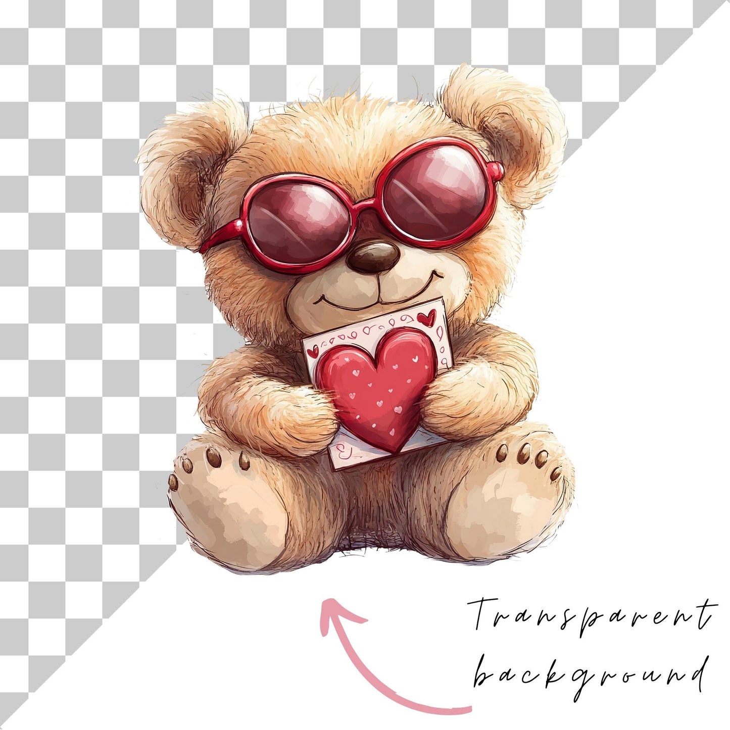 Watercolor Valentines Teddy Bear Clipart