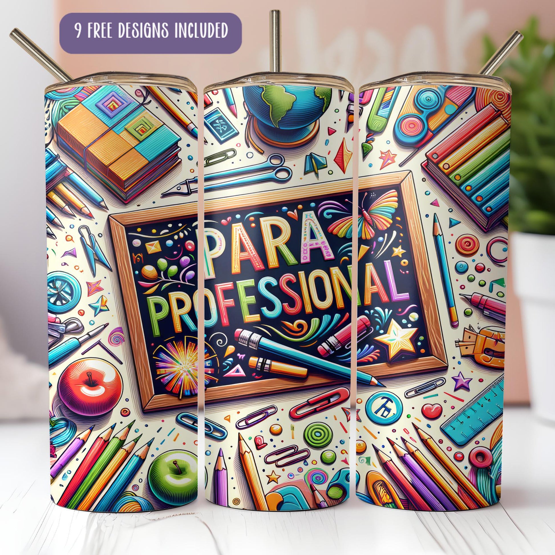 a colorful display case with a picture of a chalkboard surrounded by school supplies