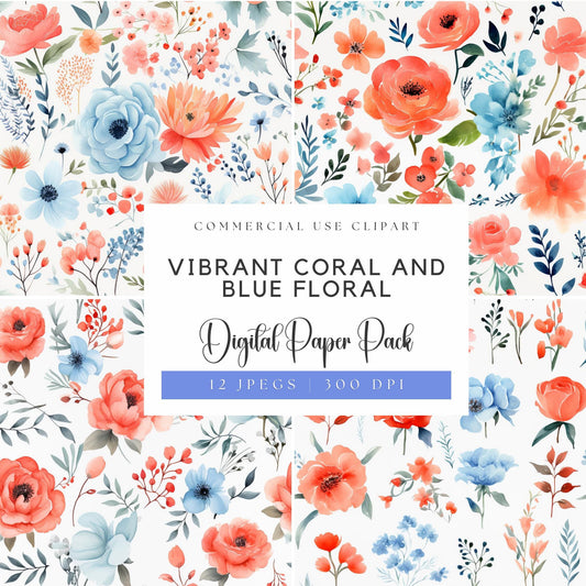Vibrant Coral and Blue Floral Digital Papers