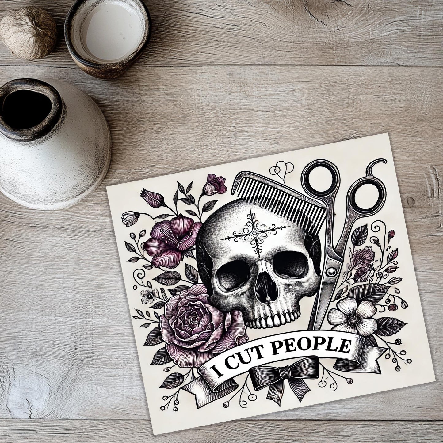 a picture of a skull with scissors and roses