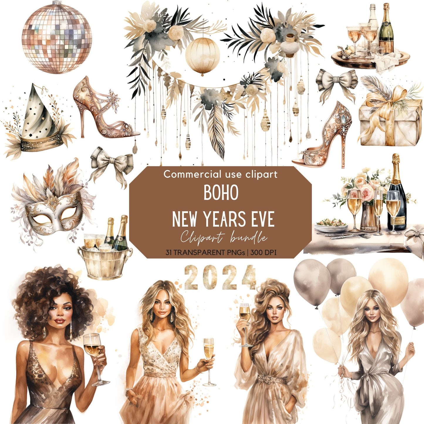 Watercolor Boho New Years Eve Clipart