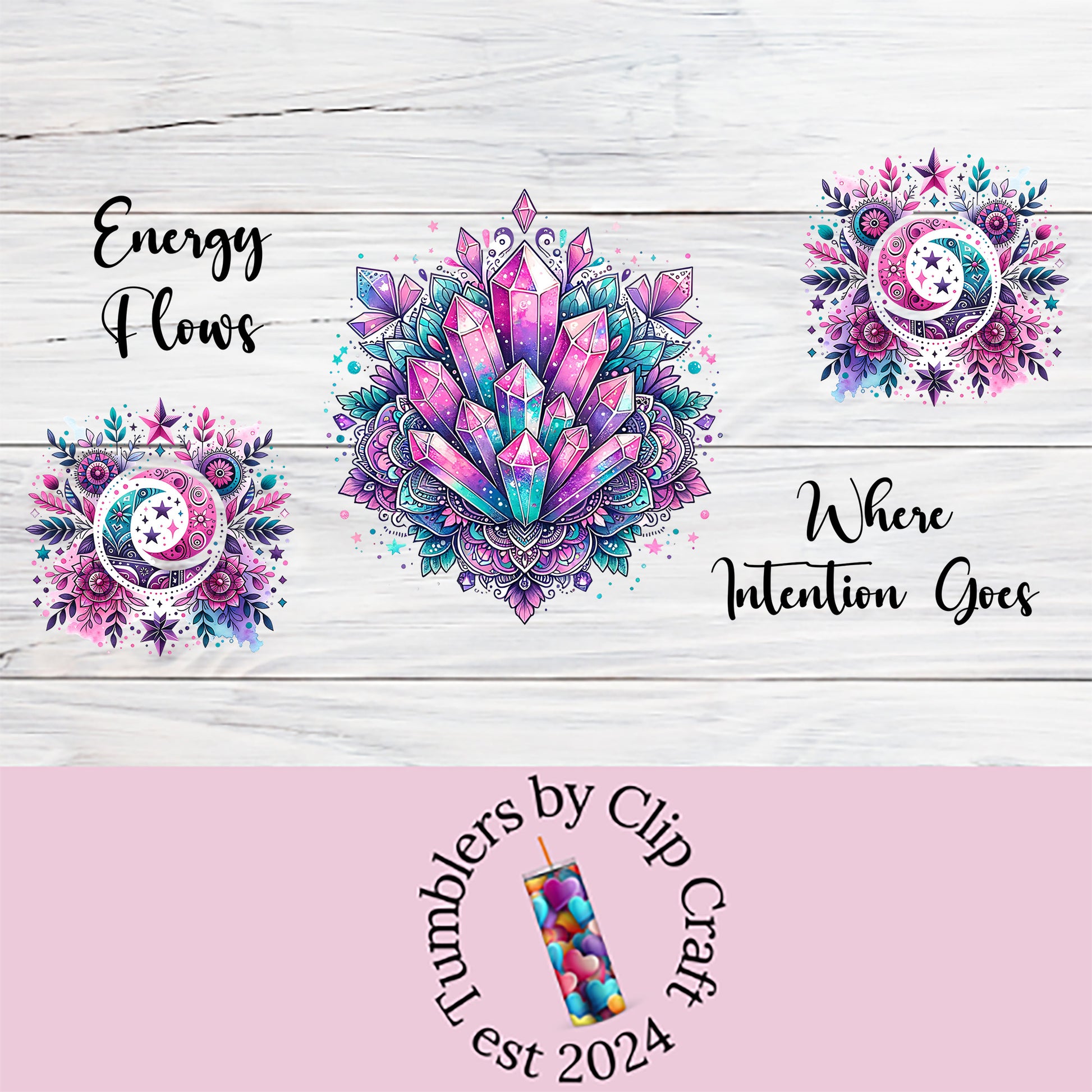 a pink and white wooden background with the words energy flow, where intention goes,