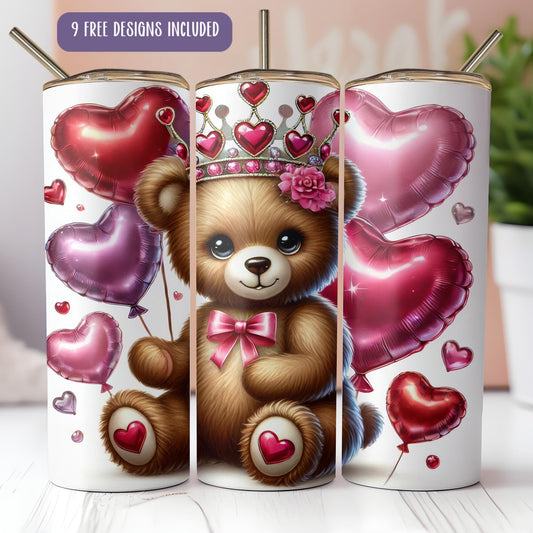a picture of a teddy bear with hearts and a crown