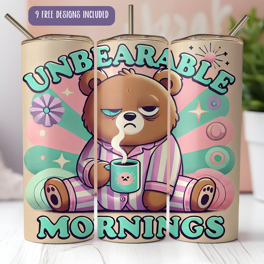 a picture of a bear with a cup of coffee