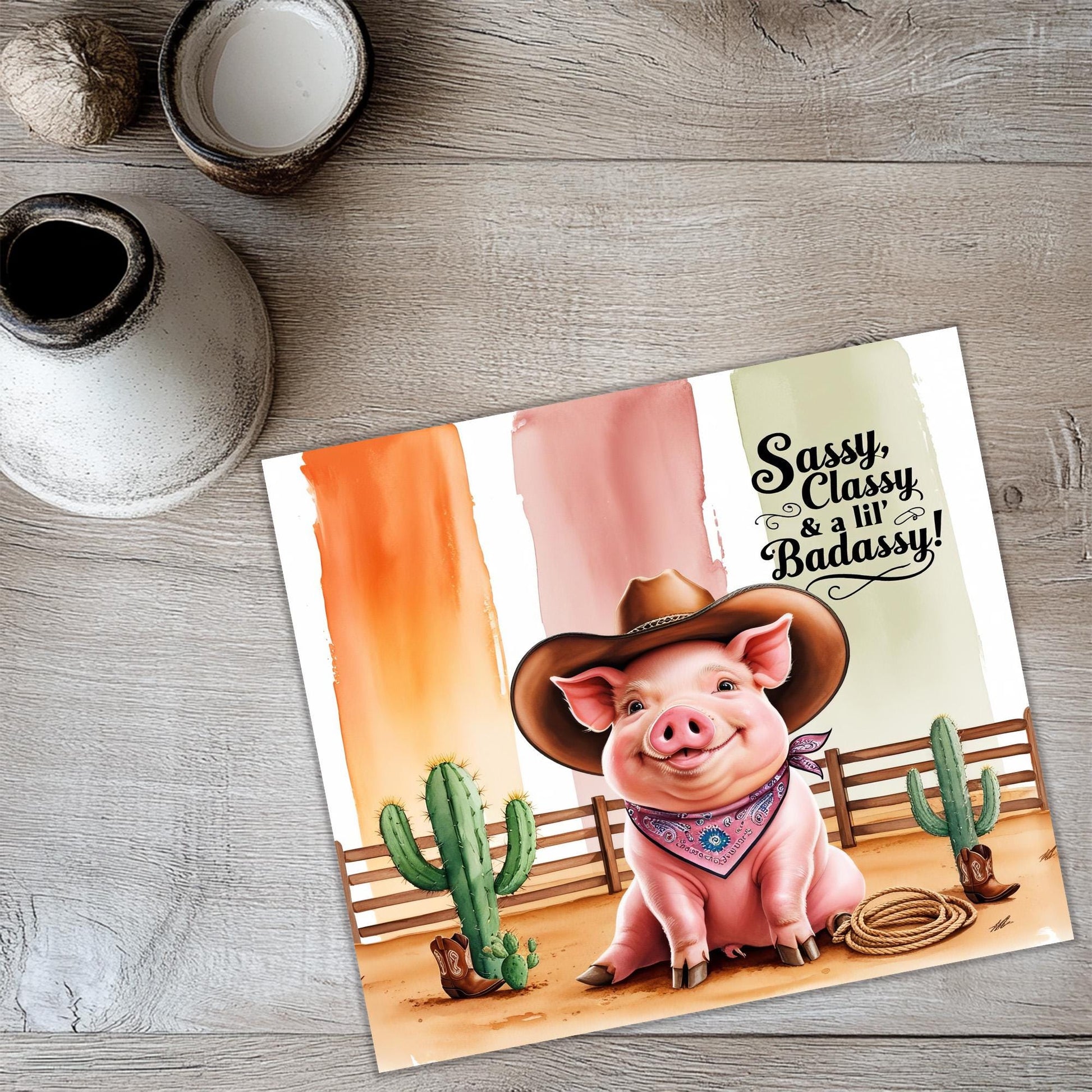 a card with a pig wearing a cowboy hat