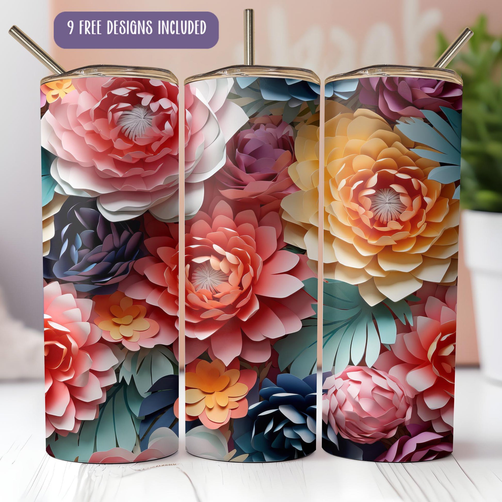 a set of three colorful flowers on a white table