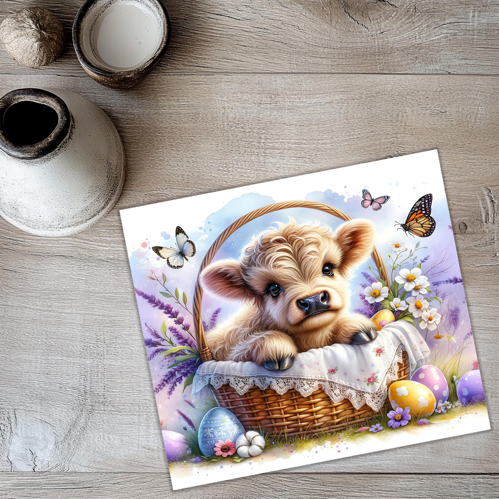 a painting of a cow sitting in a basket