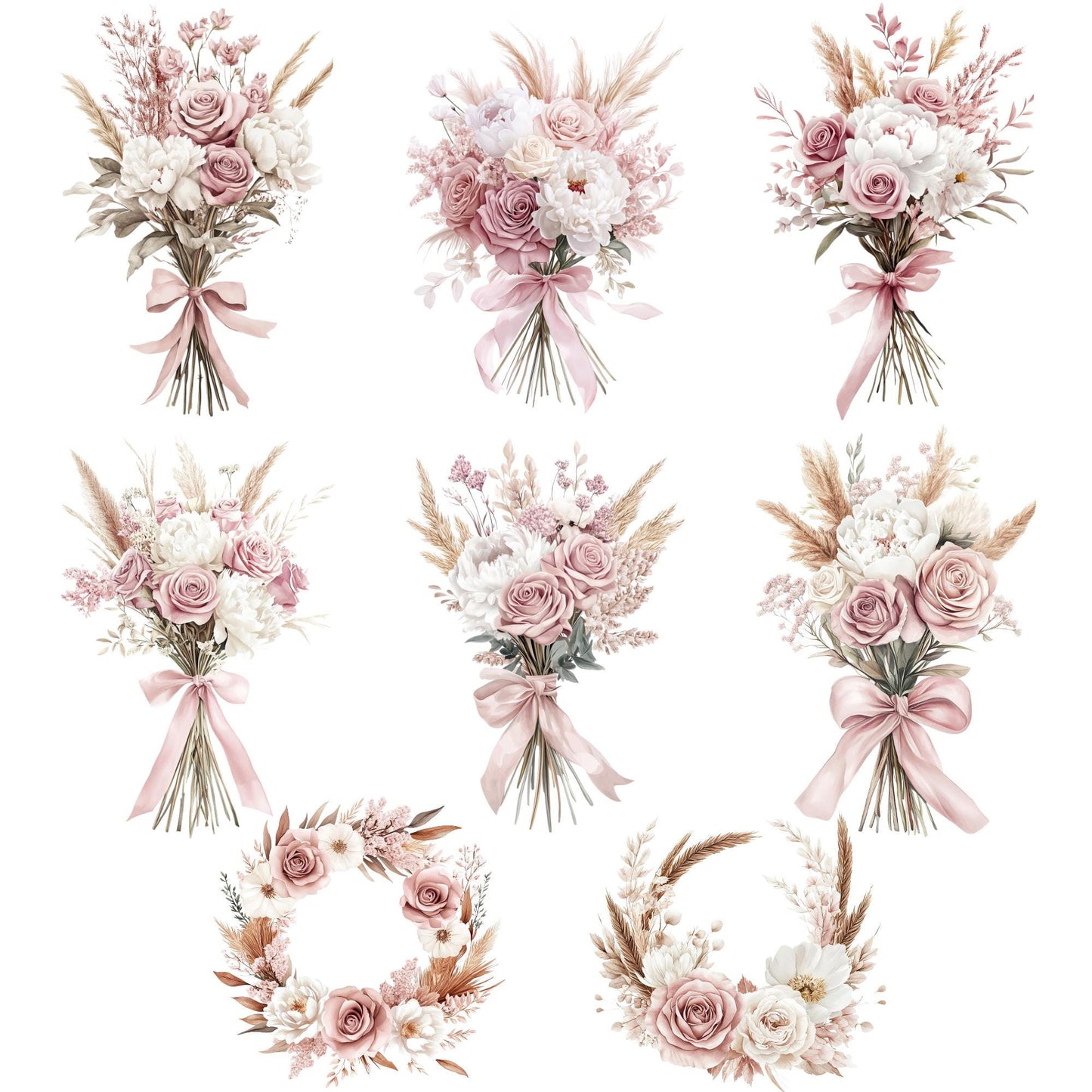 Clipart de pampas florales rosas en acuarela