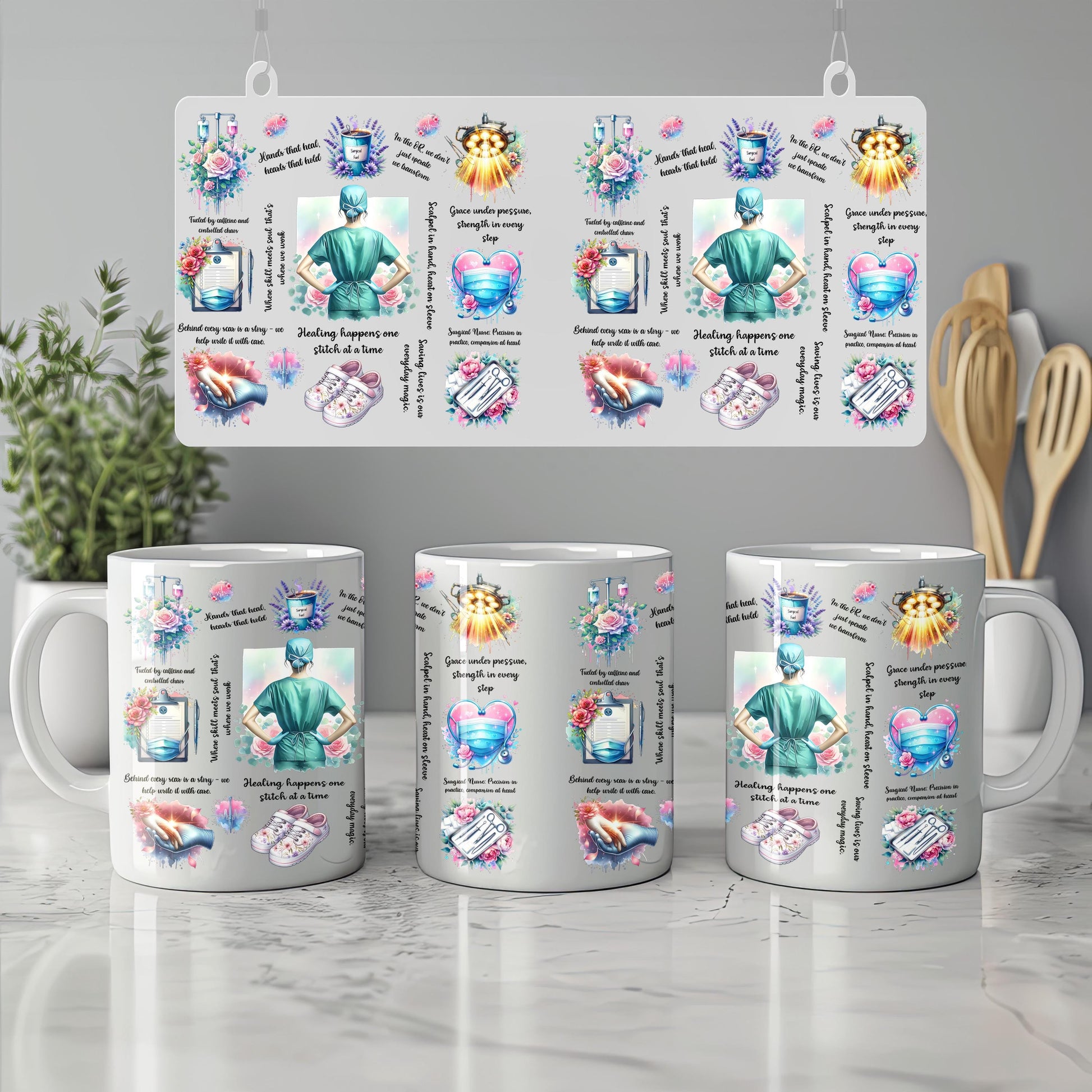 a set of four coffee mugs sitting on top of a counter