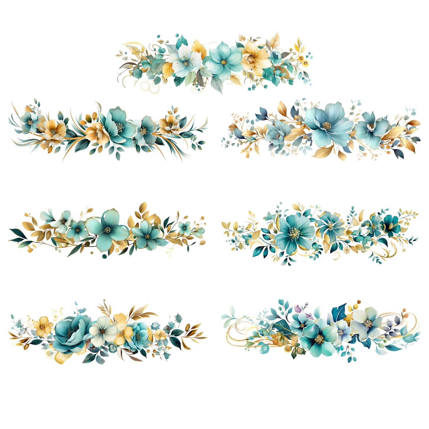 Watercolor Teal & Gold Floral Clipart
