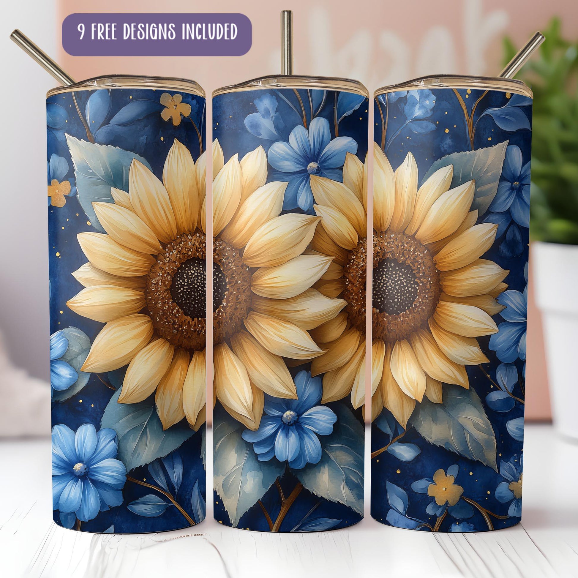 three sunflowers painted on a blue and yellow background