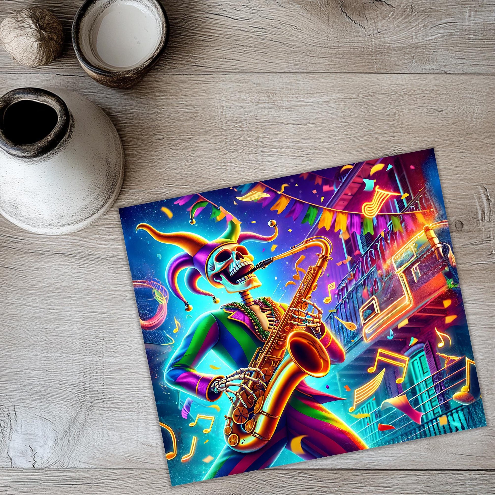 a painting of a man playing a saxophone