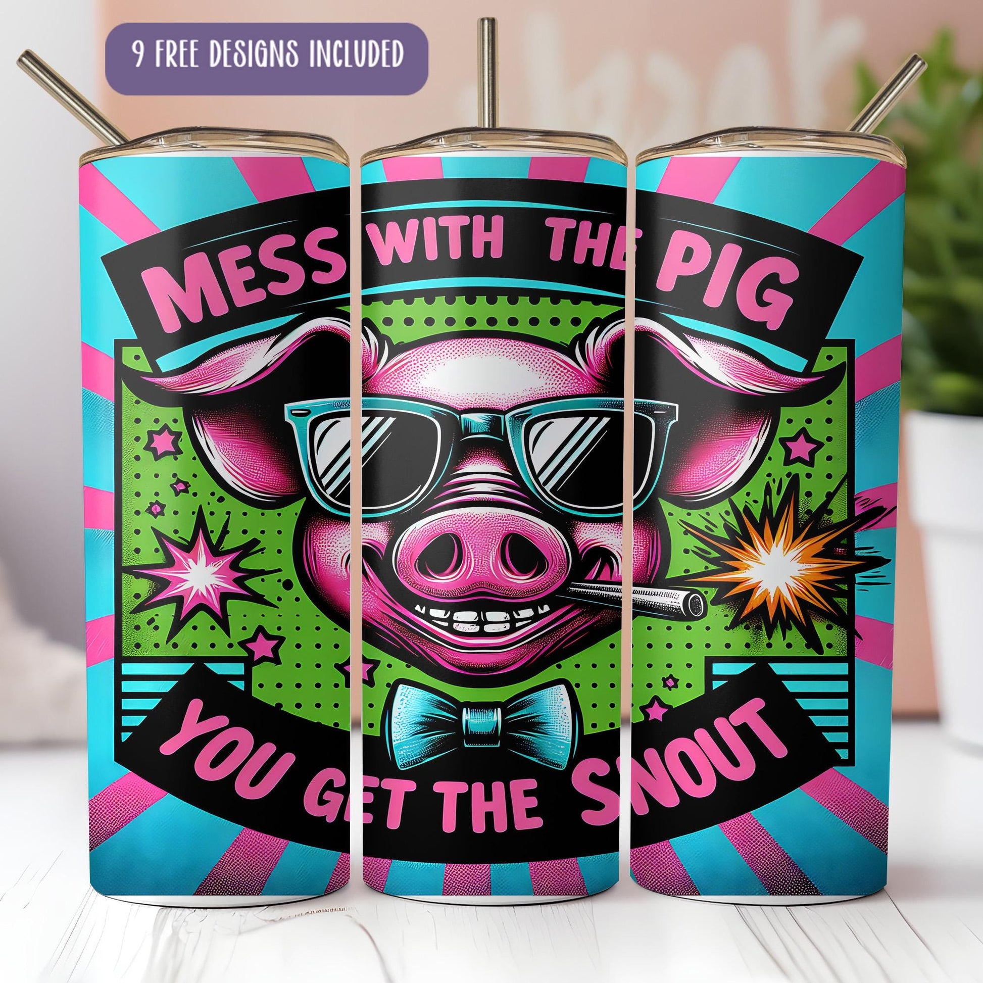 a pink pig wearing sunglasses and a bow tie