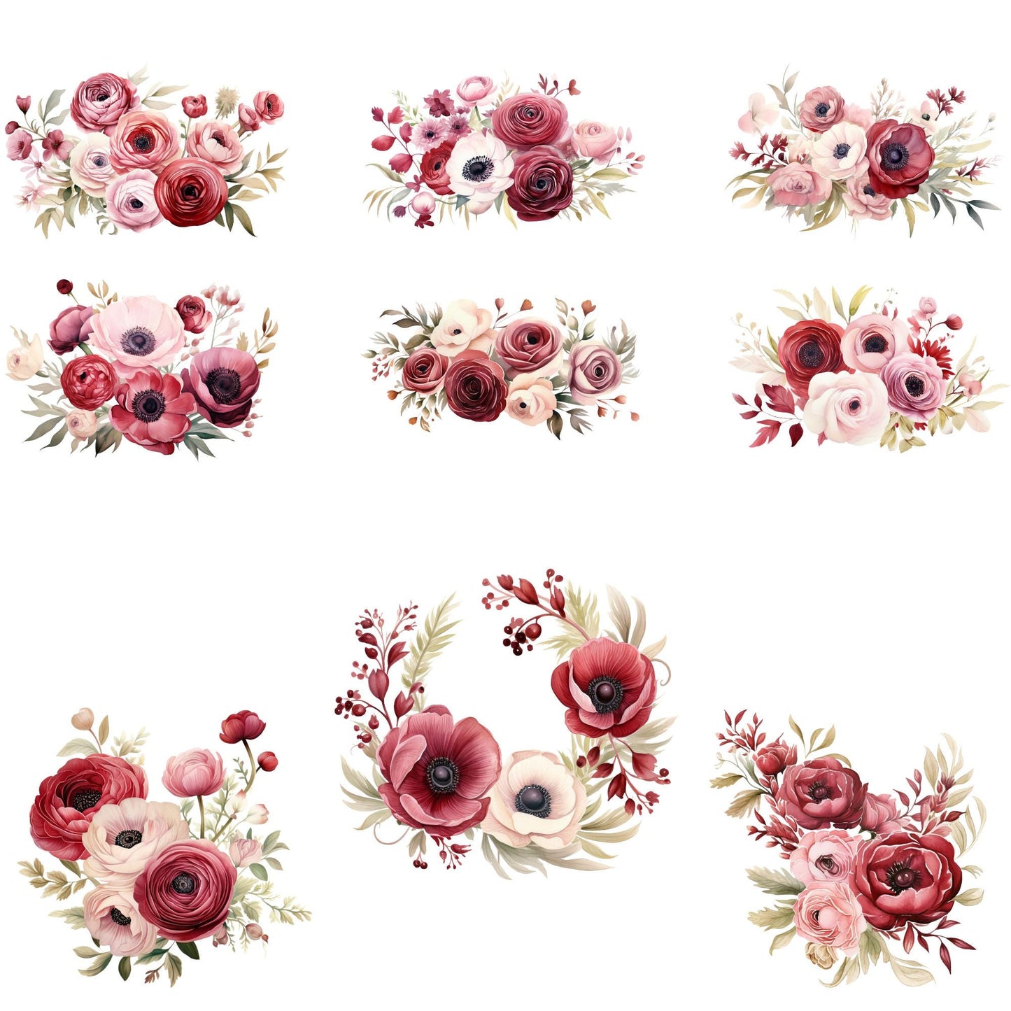 Clipart floral de ranúnculos rojos y ruborizados