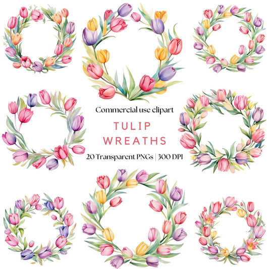 Watercolor Tulip Floral Wreath Clipart