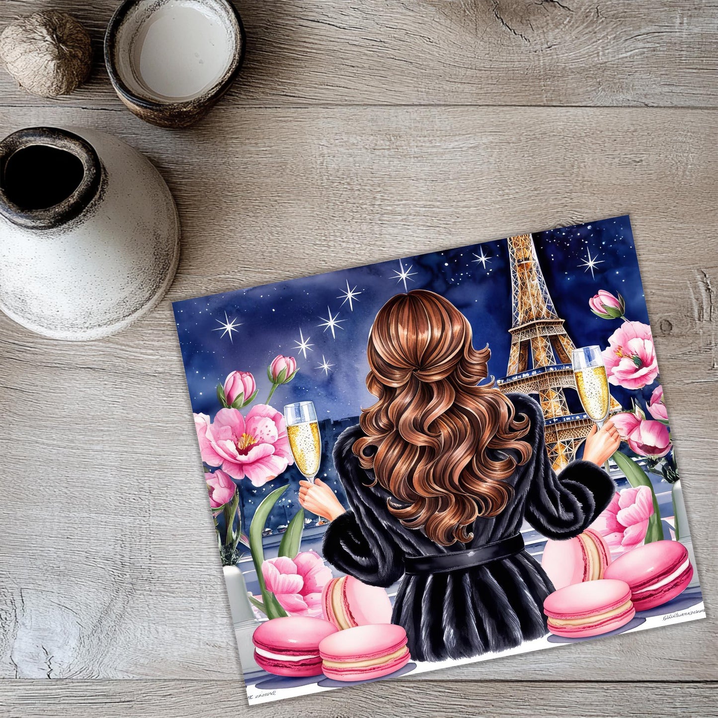 a painting of a woman with a glass of champagne in front of the eiff