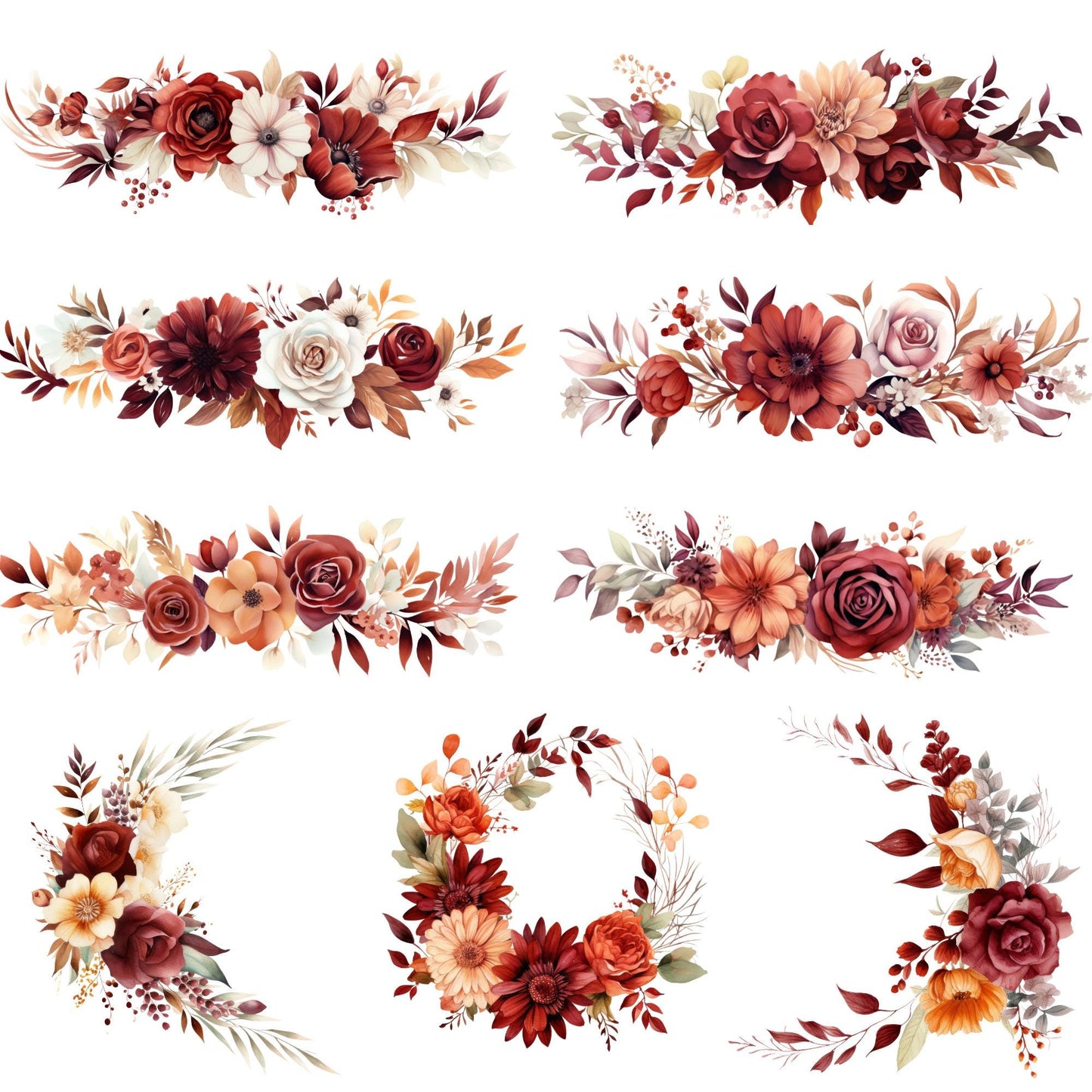 Clipart floral en tonos burdeos y óxido