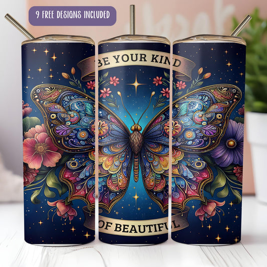 a set of three colorful tins with a butterfly on them