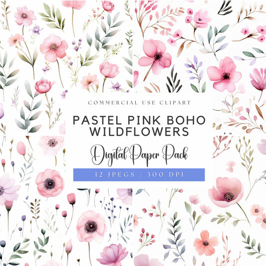 Pastel Pink Boho Wildflowers Digital Papers