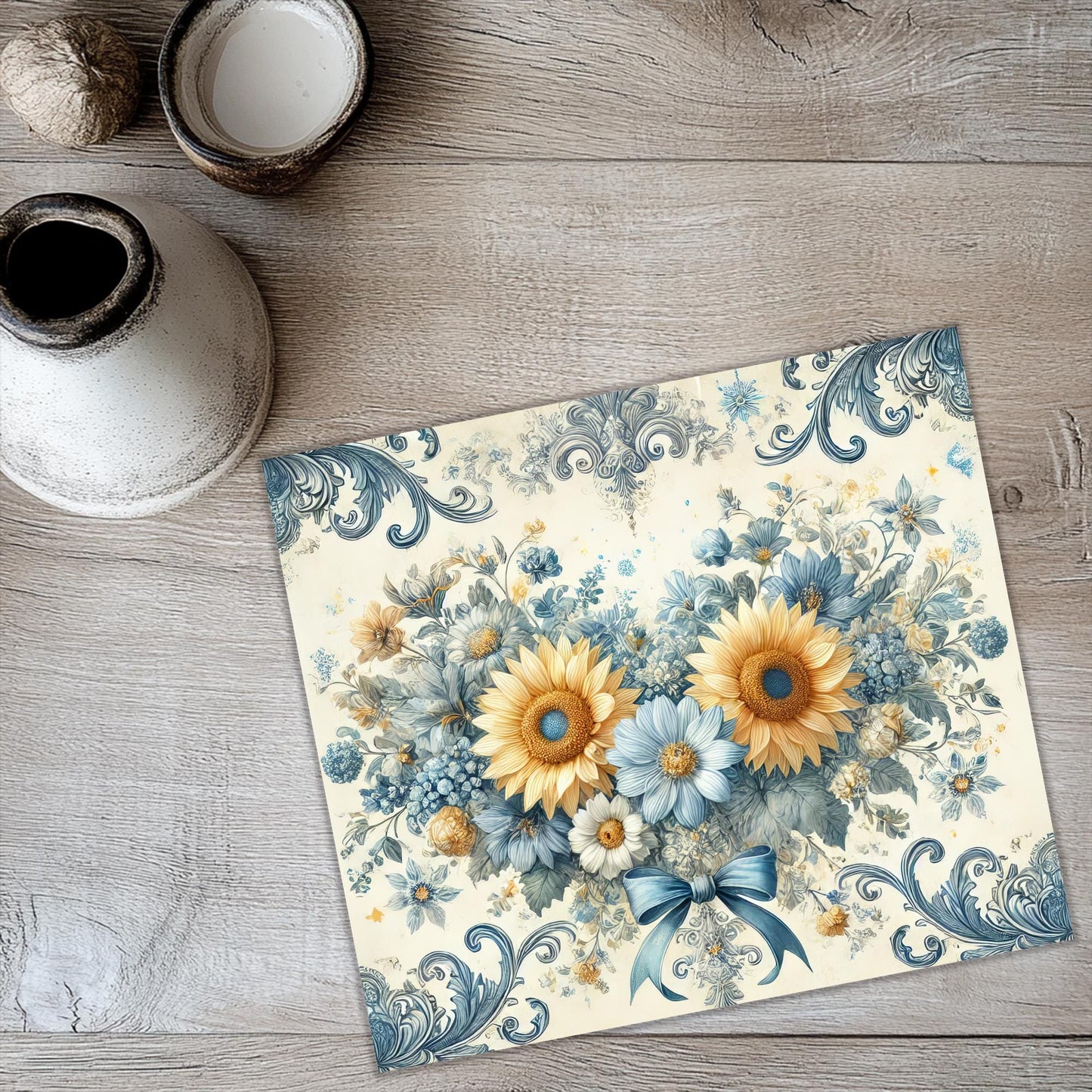 a painting of sunflowers and daisies on a white background