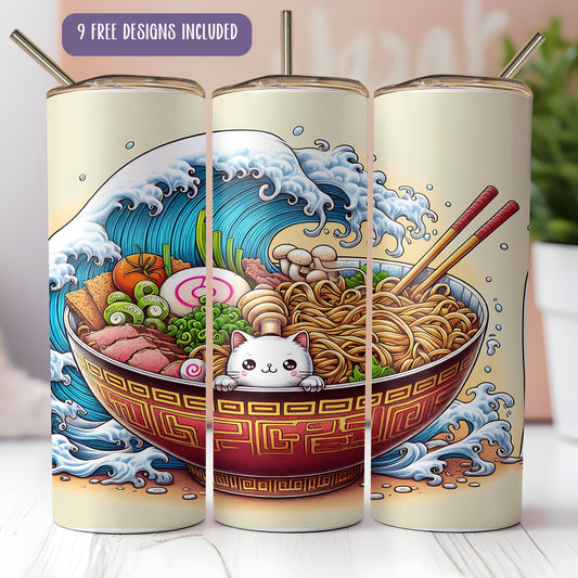 a set of three coffee mugs with a picture of a bowl of noodles and
