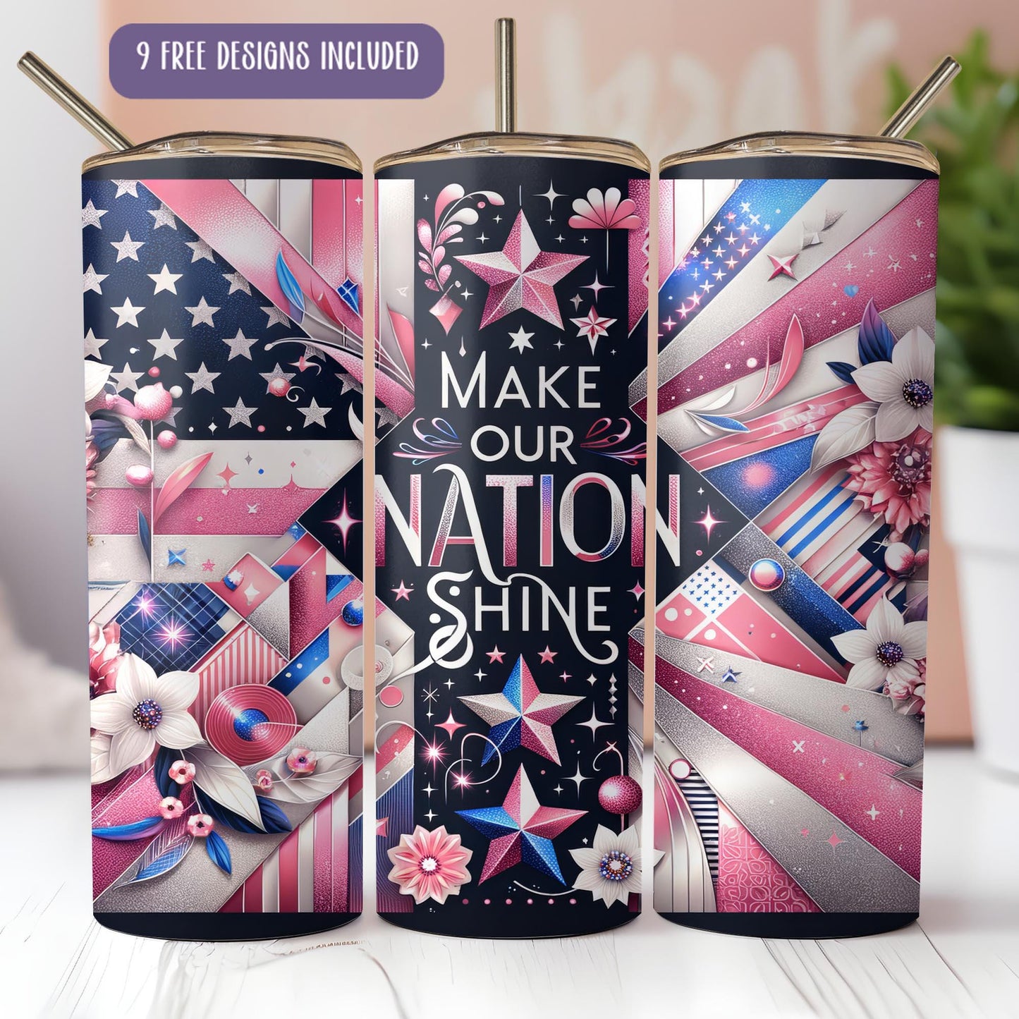 a pair of pink, blue, and white tumbles with the words make our