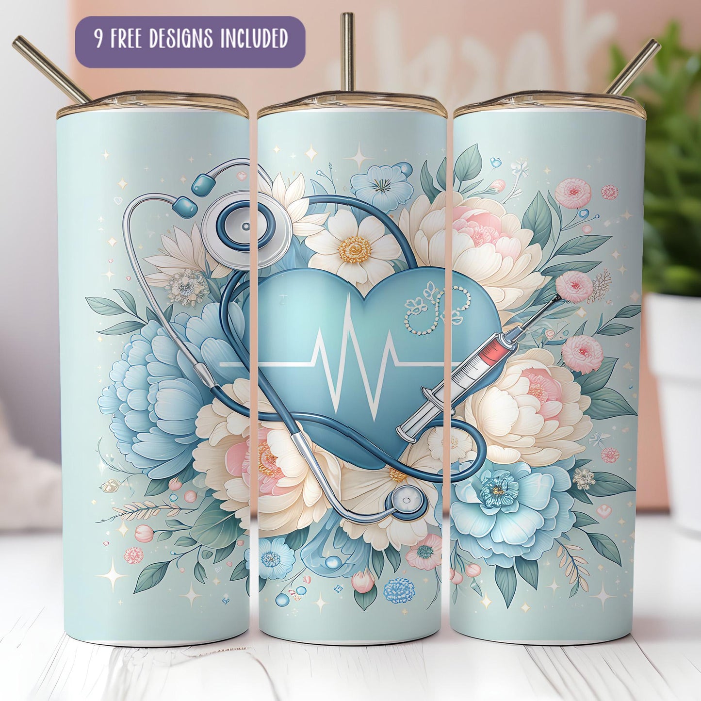 a set of three travel mugs with a stethoscope and flowers on