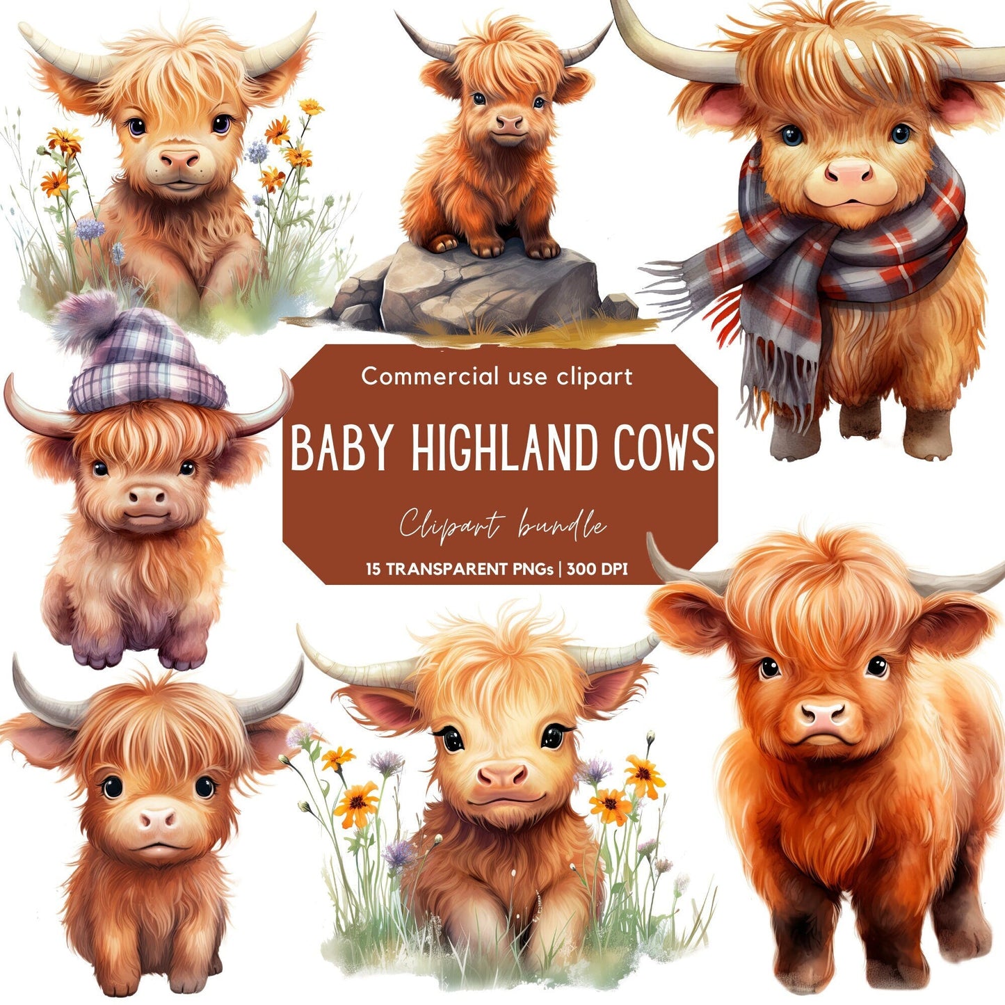 Watercolor Baby Highland Cow Clipart