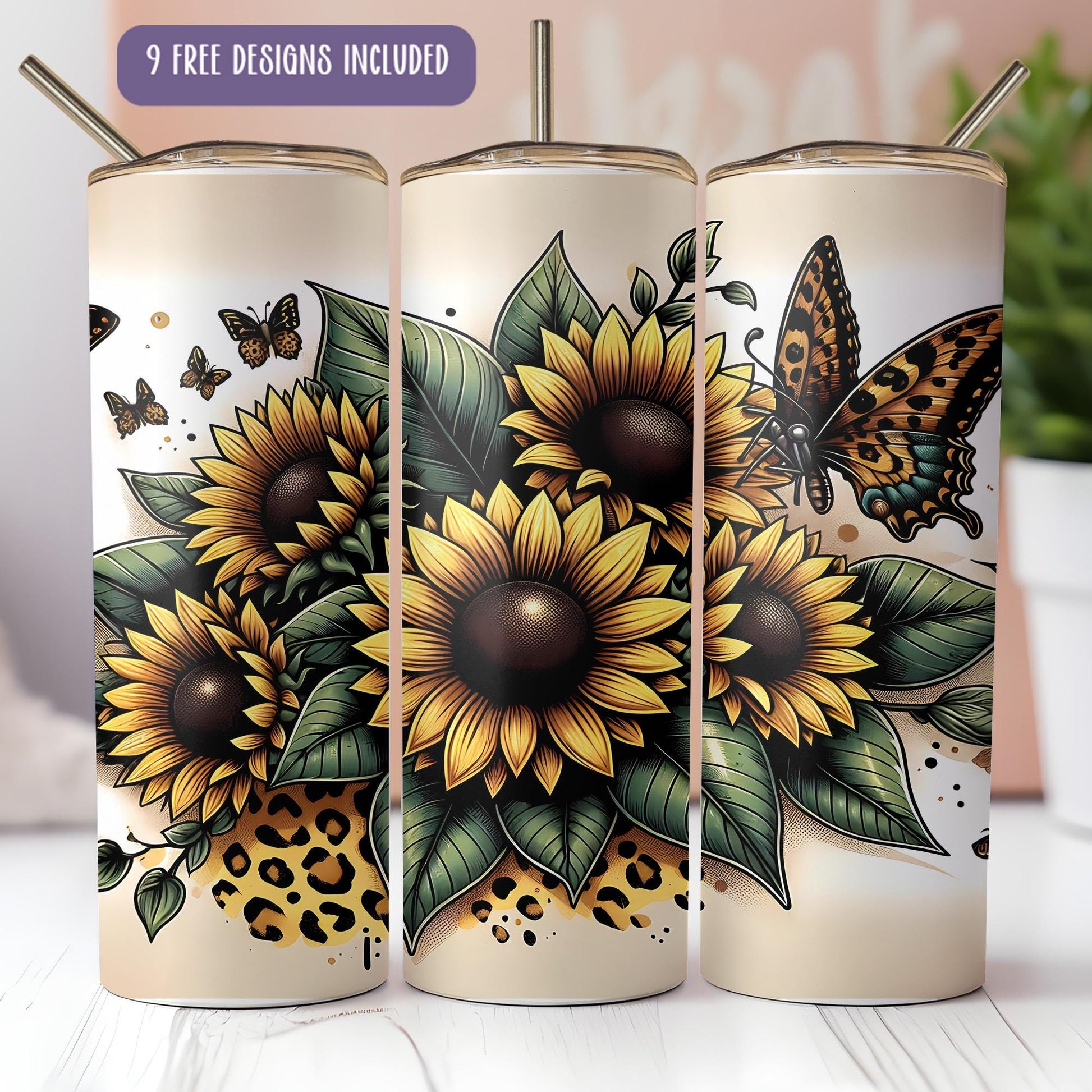 three sunflowers and a butterfly on a white background