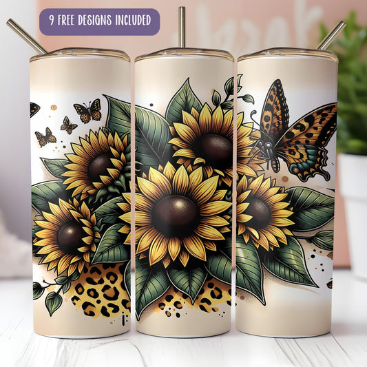 three sunflowers and a butterfly on a white background
