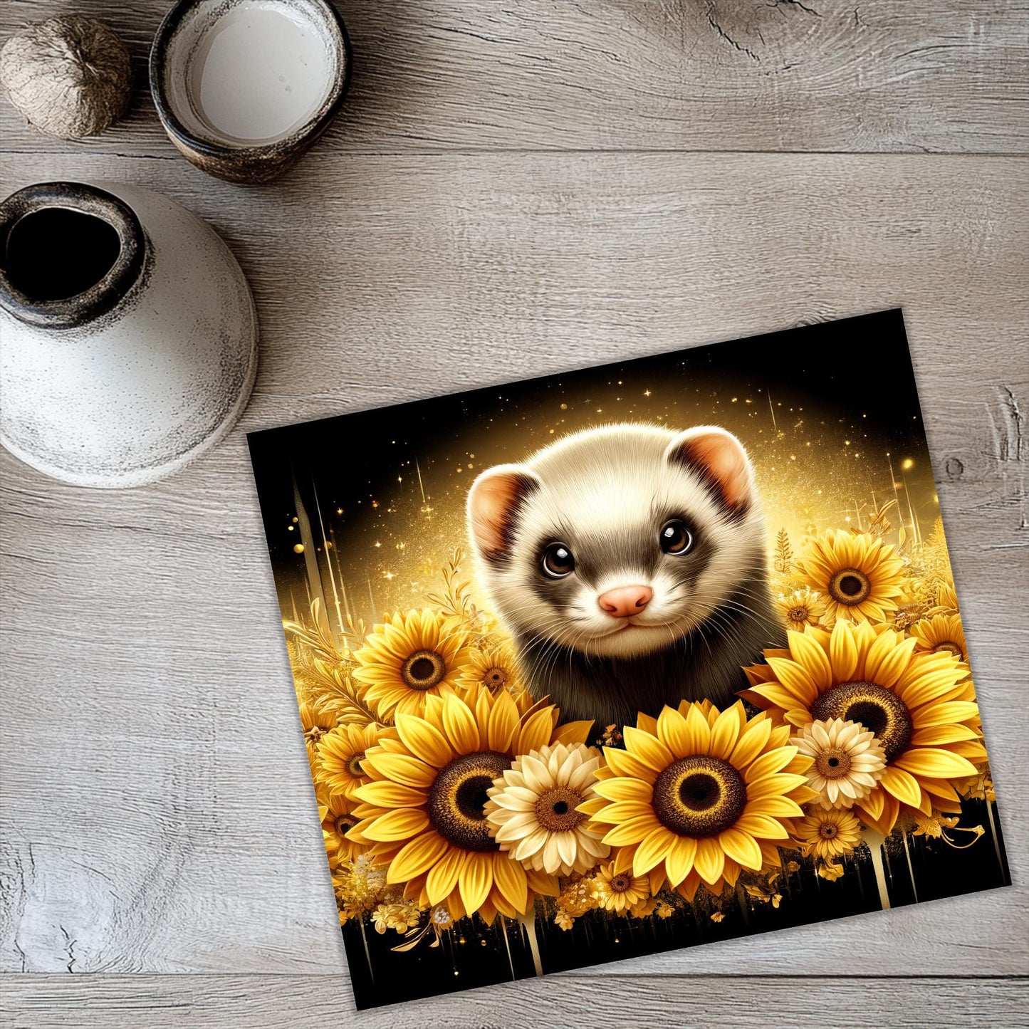 a picture of a ferret surrounded by sunflowers