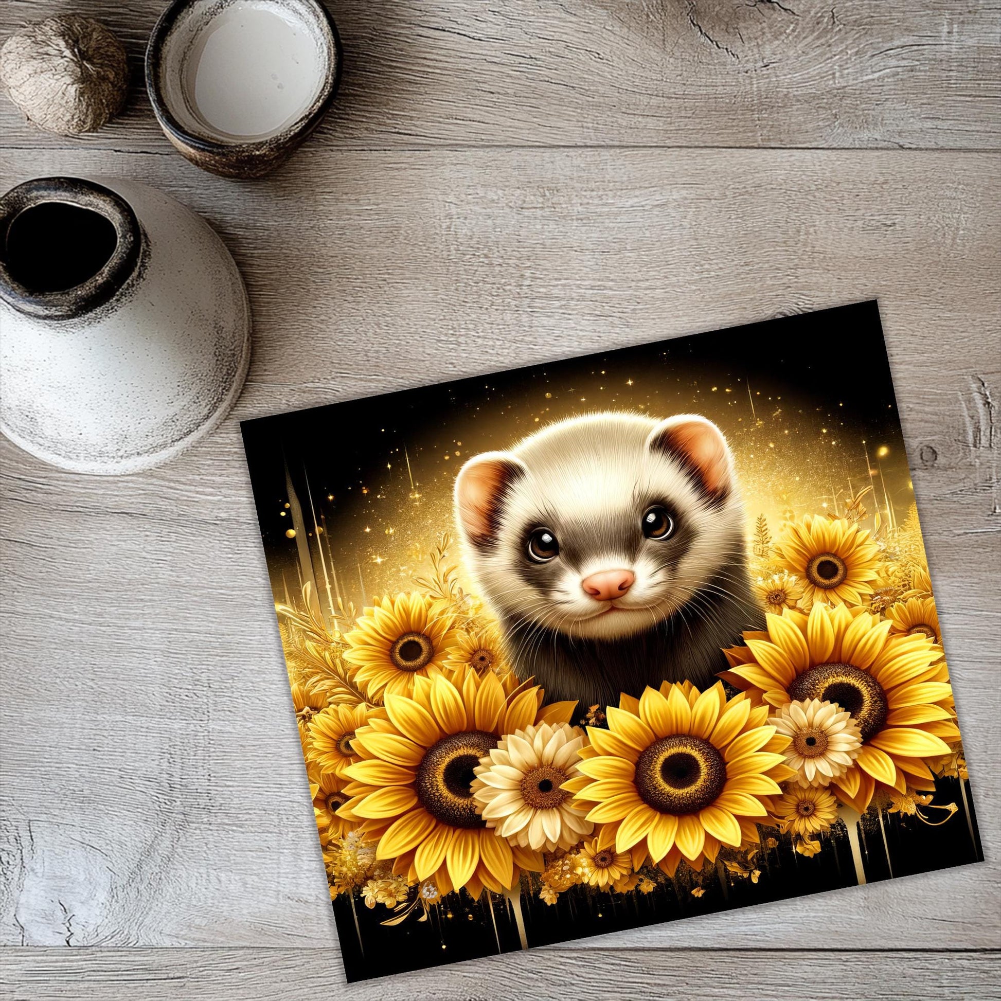 a picture of a ferret surrounded by sunflowers