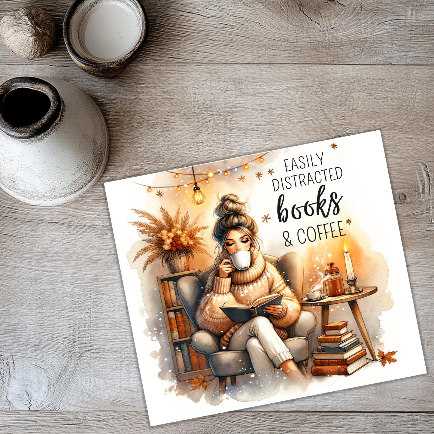 a card with a picture of a woman reading a book