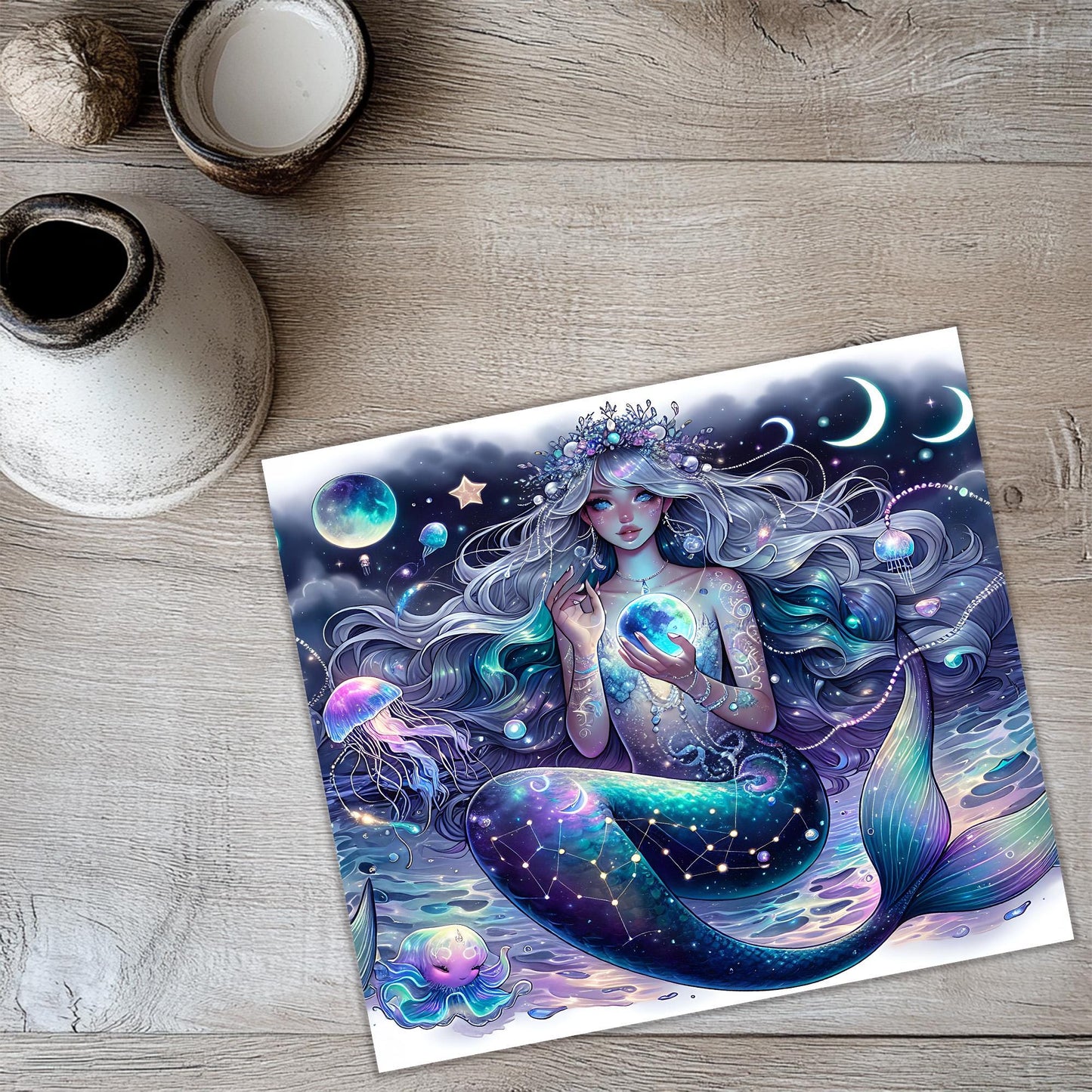 a painting of a mermaid sitting on a table