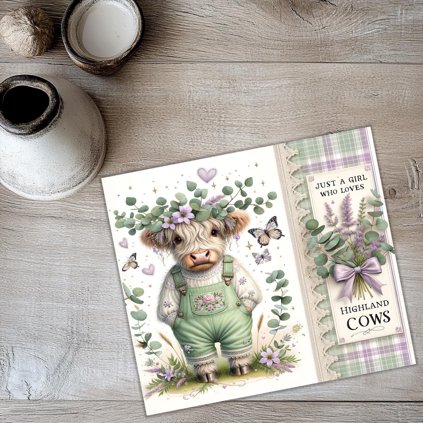 a card with a picture of a cow wearing overalls