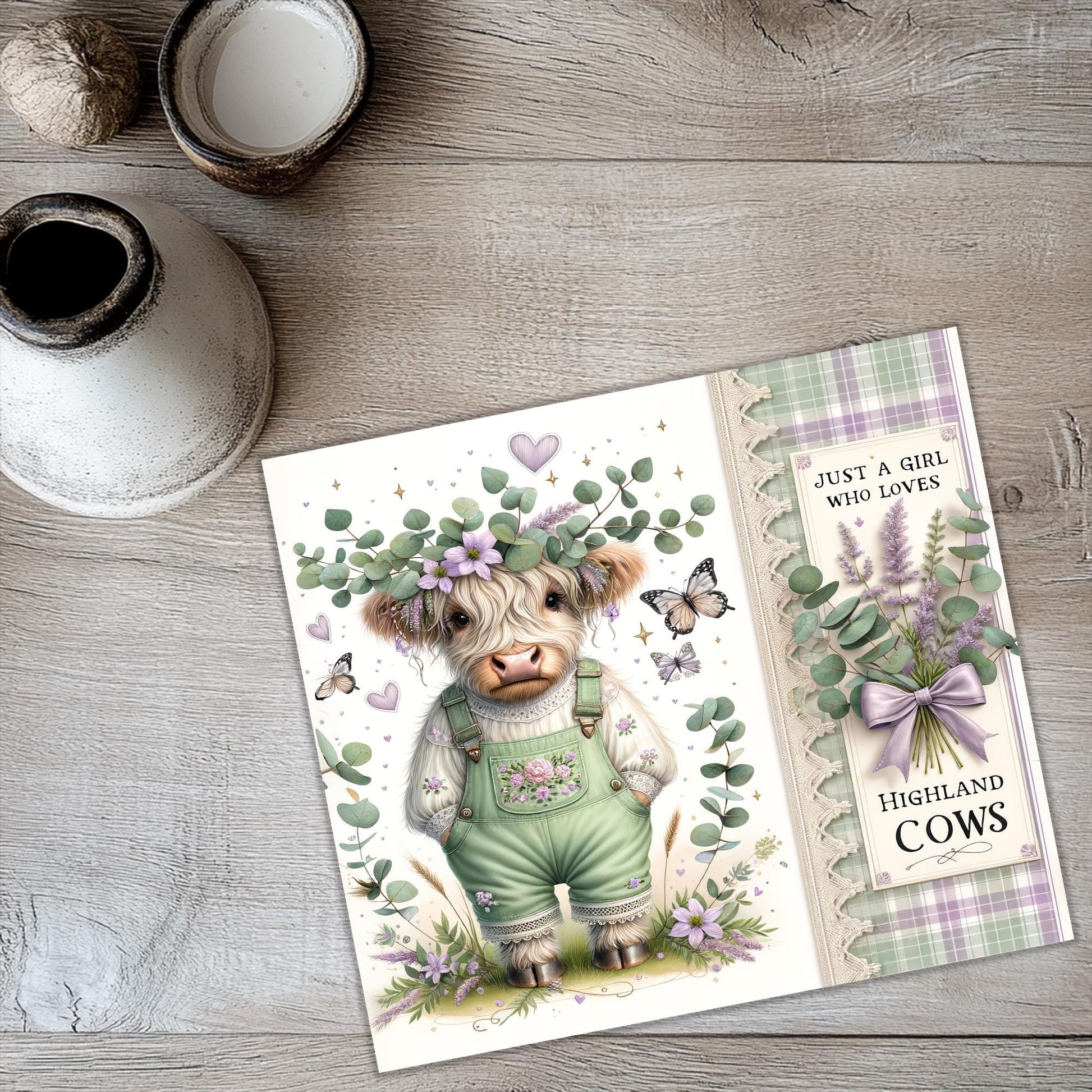 a card with a picture of a cow wearing overalls