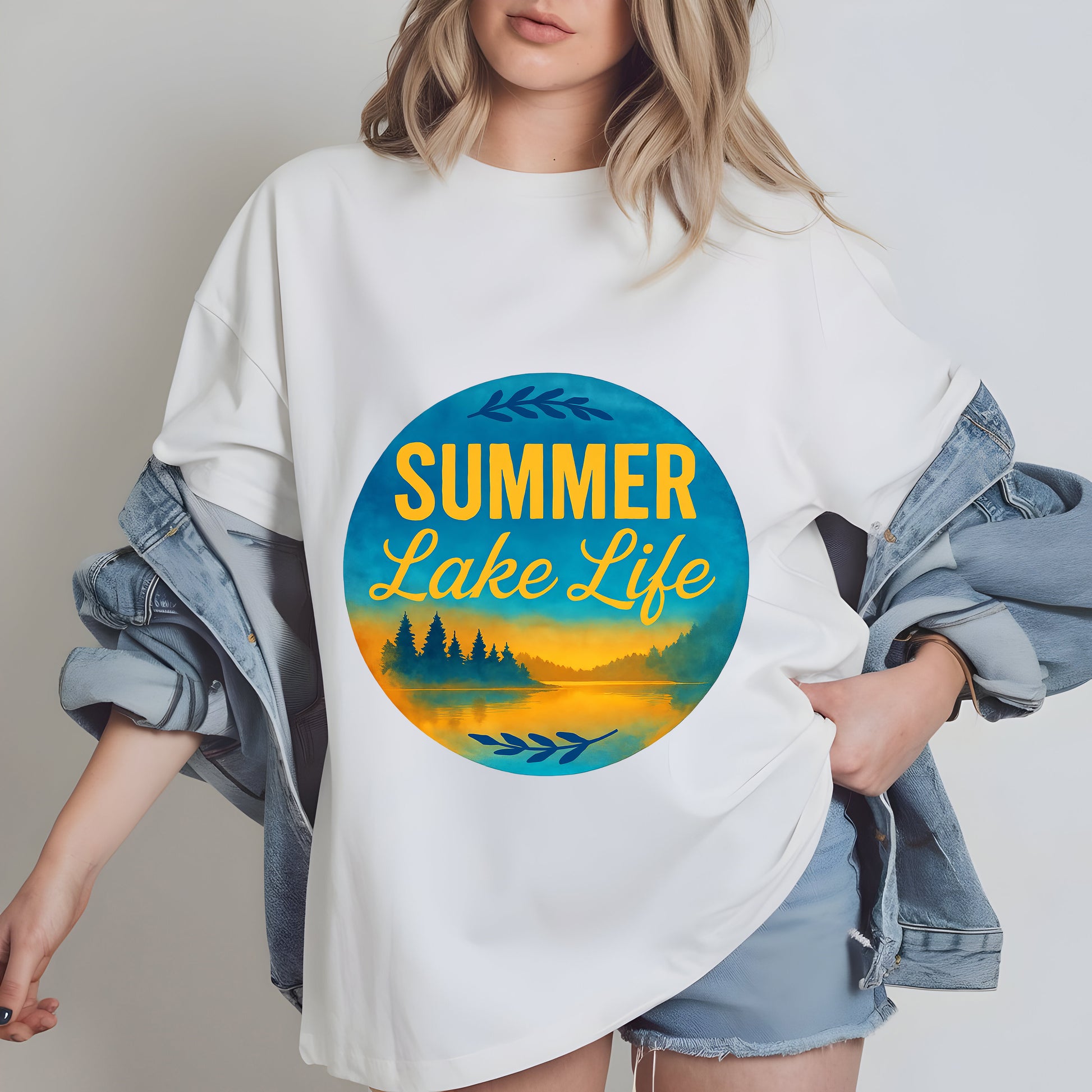 a woman wearing a white shirt that says summer lake life