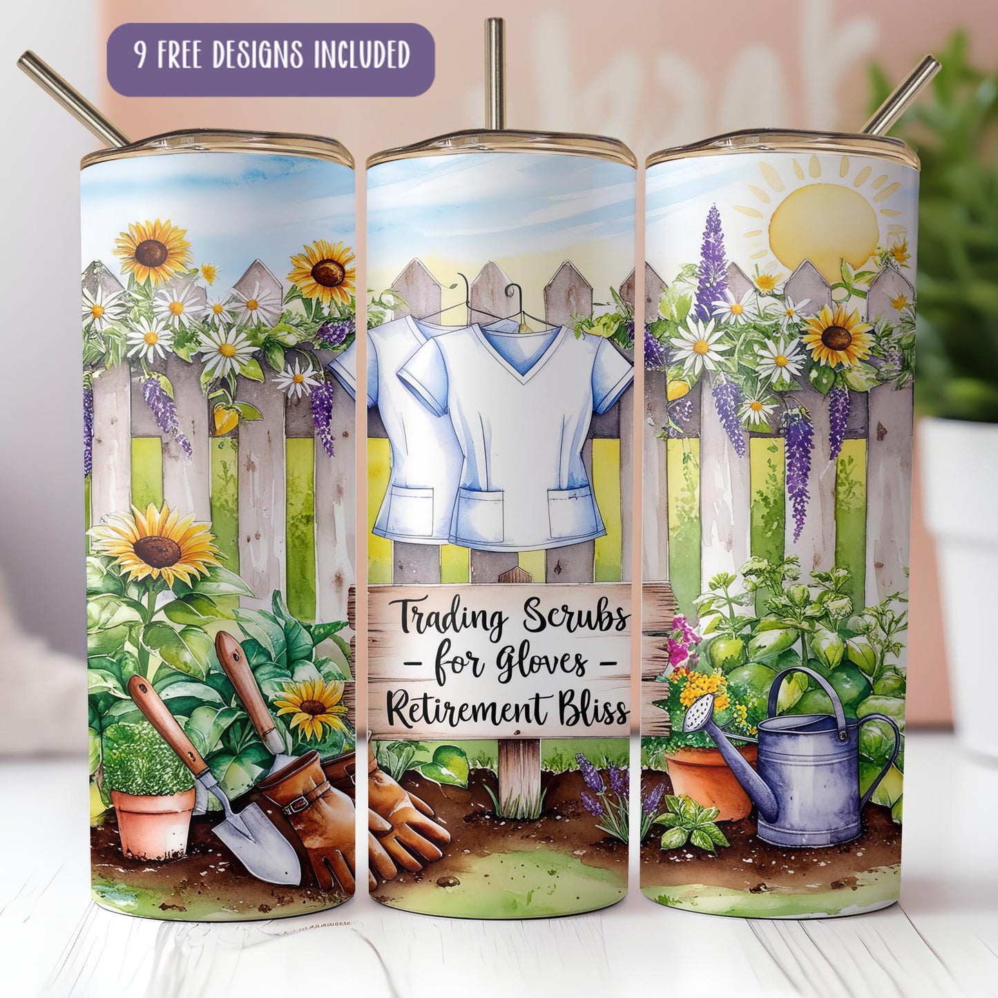 a set of three travel mugs with gardening scenes on them